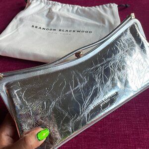 Brandon Blackwood Long Evening Bag — Cracked Metallic Silver Leather — NWOT